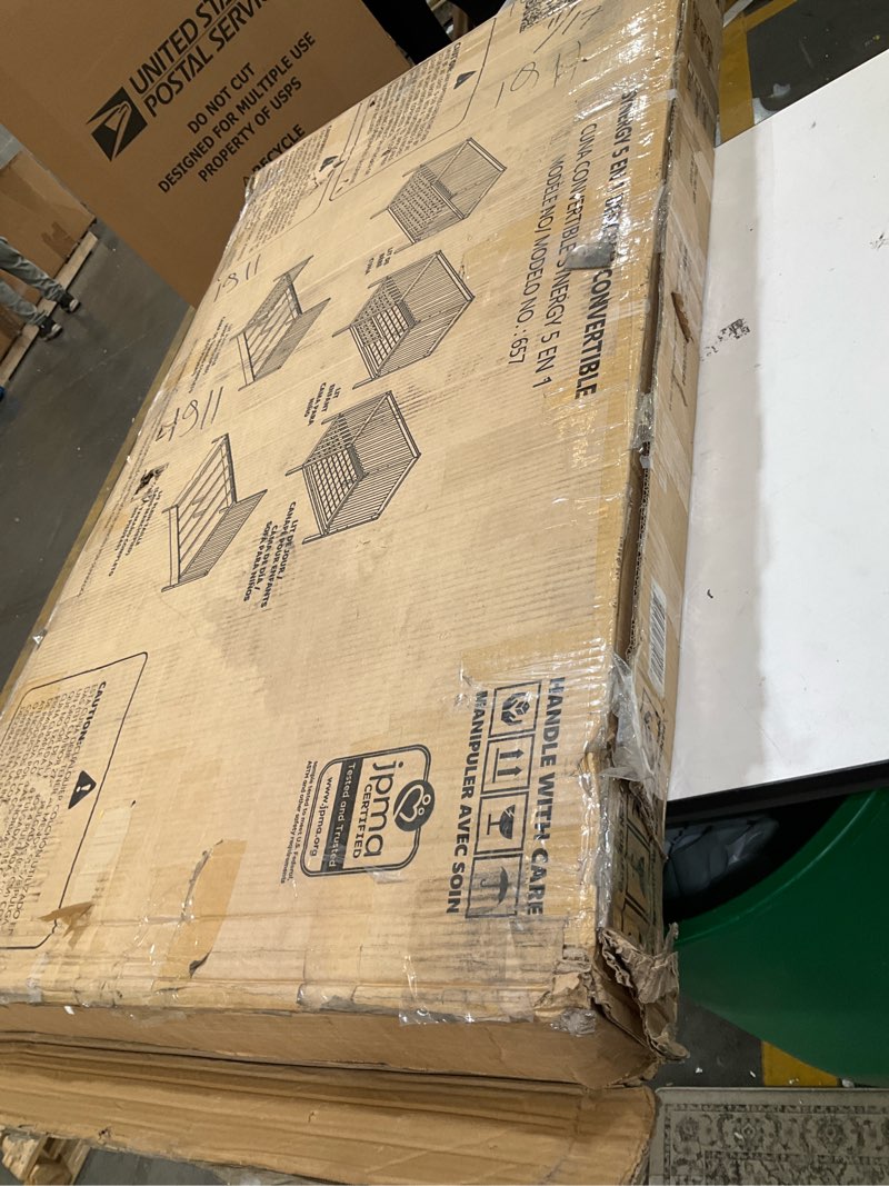 Condition photo showing As Is for Dream On Me Synergy 5-in-1 Convertible Full-Size Baby Crib with Toddler, Day & Full Bed Conversion in White, GreenGuard Gold & BSA, 3 Mattress Heights, Sustainable Pinewood White Synergy