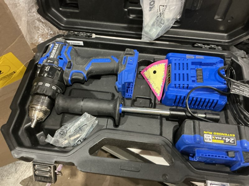 Condition photo showing As Is for kobalt xtr 1/2-in 24-volt variable speed brushless cordless hammer drill ( 1 -batteries and charger