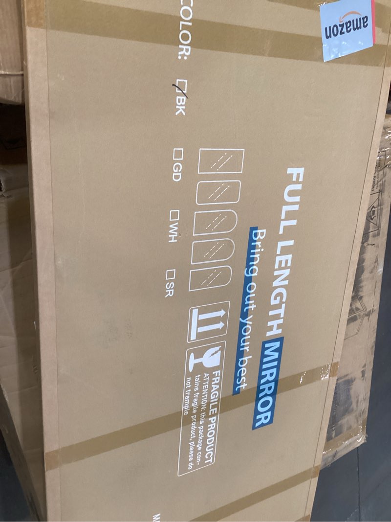 Condition photo showing As Is for Oversized Full-Body Mirror, 76" x 34" Arched Full-Length Mirror, Black Metal Frame, Floor Mirror for Bedroom, Living/Dressing Room, Gym - Stand/Wall Mounted/Leaning Black 76"L x 34"W