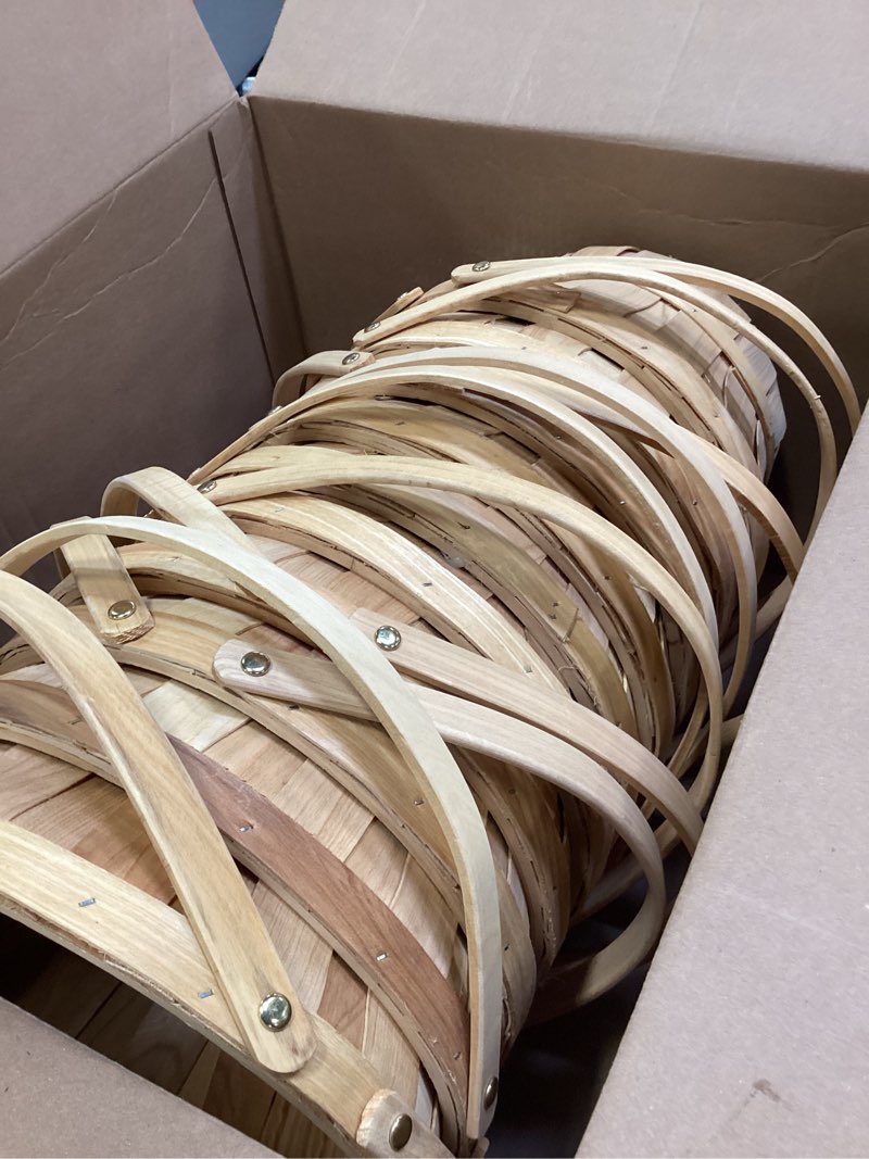 Condition photo showing Good Condition for Marsui 10 Pcs Large Wooden Bushel Baskets 11 x 6.5'' Wicker Berry Apple Fruit Bushel Baskets with Handle for Garden Storage Farmers Personal or Commercial Use