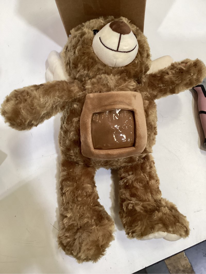 Condition photo showing Good Condition for leyndo 12 inch angel remembrance bear plush stuffed animal with recorder soft plush animal toy with a picture frame for baby shower birthday party wedding gift(dark brown)