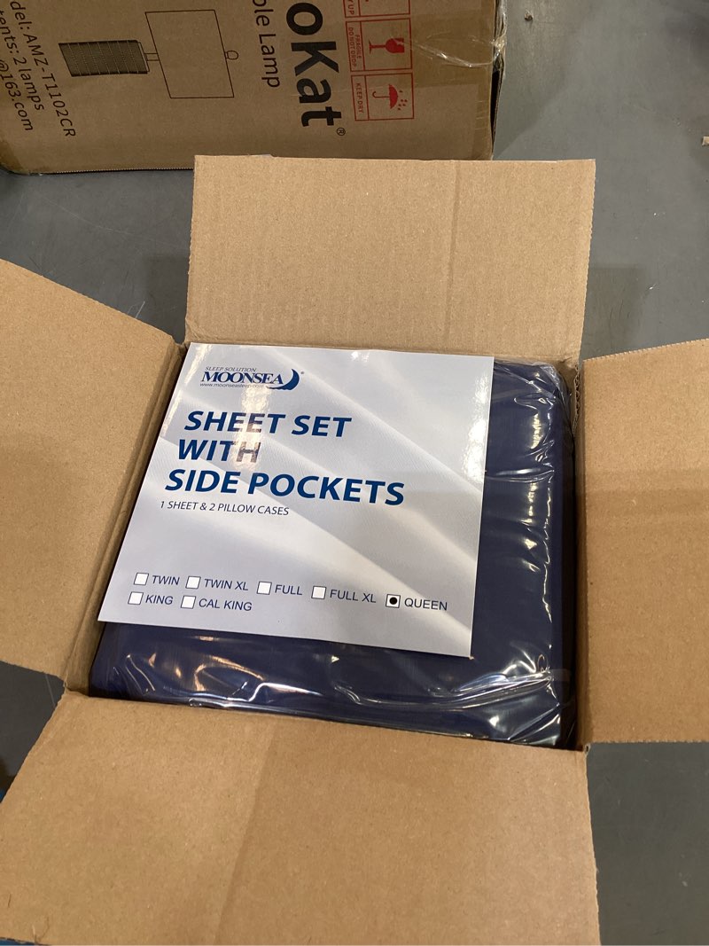 Condition photo showing New/Like New for moonsea queen sheet set for air mattress - sheets queen size bed set - 3pcs side storage pocket fitted sheet & pillowcases easily fits 16in to 24in pillow top air bed mattress - navy blue queen navy blue