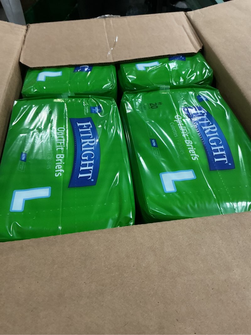 Condition photo showing New/Like New for fitright ultra adult diapers, disposable incontinence briefs with tabs, heavy absorbency, large, 44"-56", 4 packs of 20 (80 total)