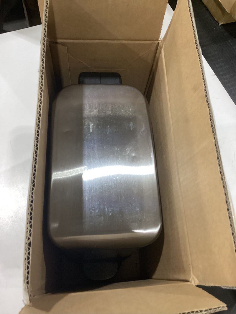 Condition photo showing As Is for USED DENTED SIMILAR TO 6L/1.6G Stainless Steel Bathroom Trash Can with Hands-Free Foot Pedal, Quiet Soft-Close Lid, Compact Space-Saving Size