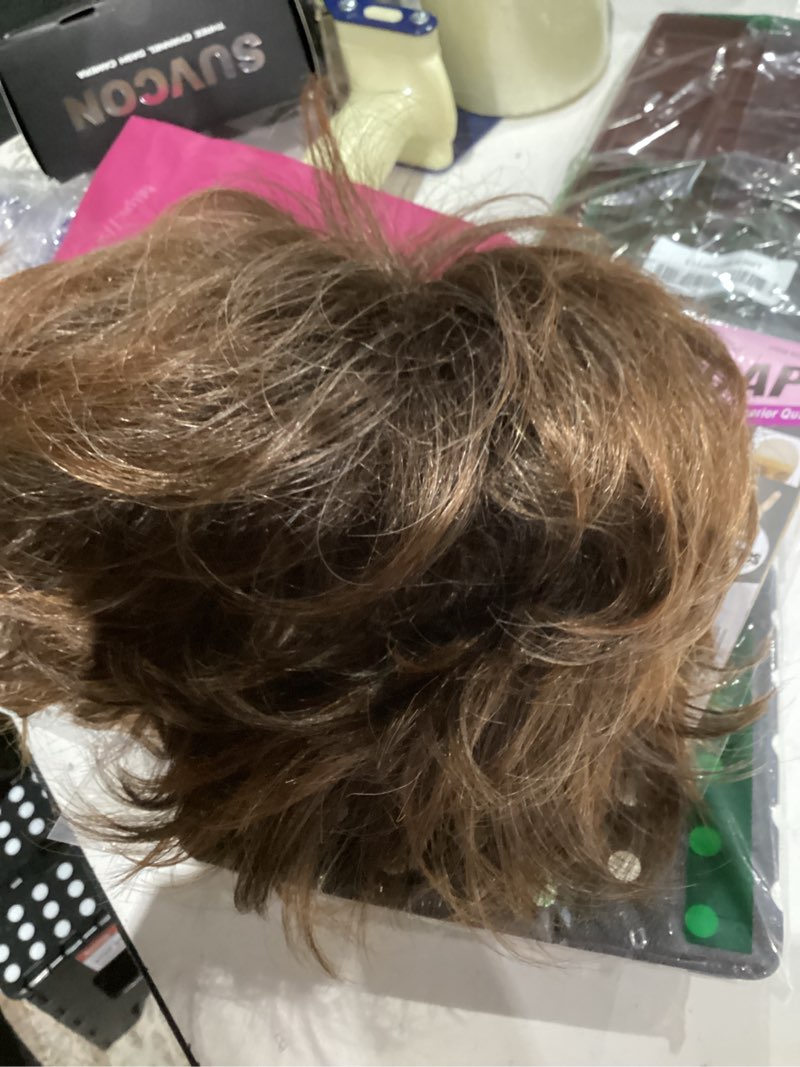 Condition photo showing As Is for TISHINING Short Mixed Brown Curly Wigs for Women Layered Red Brown Pixie Cut Wig with Bangs Heat Synthetic Short Hair Wigs for White Women Natural Looking Daily Party Wig