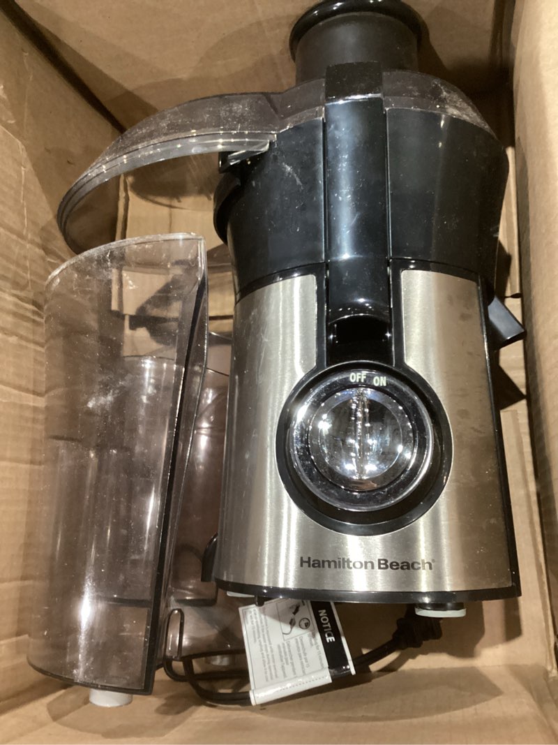 Condition photo showing As Is for Hamilton Beach Juicer Machine, Big Mouth 3” Feed Chute for Whole Fruits and Vegetables, Easy to Clean, Centrifugal Extractor, Vegetable & Fruit Juicer, BPA Free, 800W Motor, Stainless Steel Silver 800W Motor