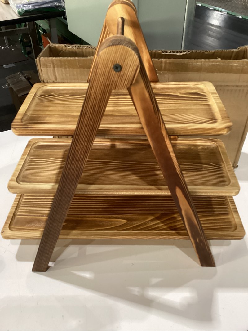 Condition photo showing Good Condition for Wooden 3 Tier Serving Tray, Detachable Cupcake Stand, Rectangle Serving Platter Three Tiered Stand,Fruit,Appetizer,Dessert Decorative Tray Decor Party Food Table Display