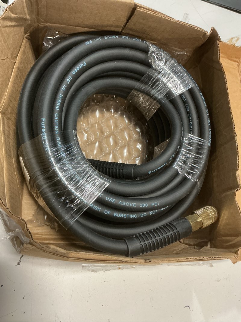 Condition photo showing Good Condition for air hose 3/8 in x 50 ft, heavy duty, lightweight, kink resistant, hybrid air compressor hose with 1/4 in solid brass male fittings, bend restrictors, 300 psi (50ft, black) 50ft black