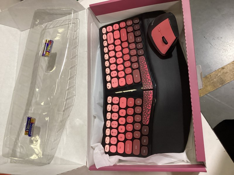 Condition photo showing As Is for ergonomic wireless keyboard and mouse set wireless keyboard silent mice set with wrist rest for computer, laptop, pc, mac, windows black pink