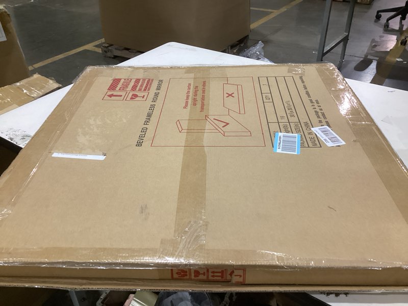 Condition photo showing As Is for Frameless Round Mirror 30 Inch, Round Mirror with 1 inch Beveled Edge, Beveled Bathroom Mirrors for Vanity, Living Room, Entryways 30"L x 30"W