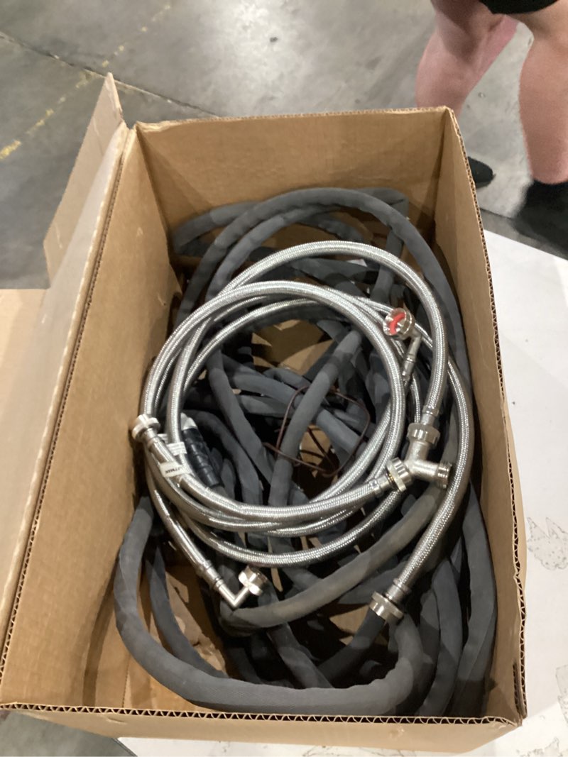 Condition photo showing As Is for eastman 5 feet washing machine hose with 90-degree elbow, pack of 2, 3/4 inch fht x 3/4 inch fht, braided stainless steel with nickel-plated brass nuts, 41065
