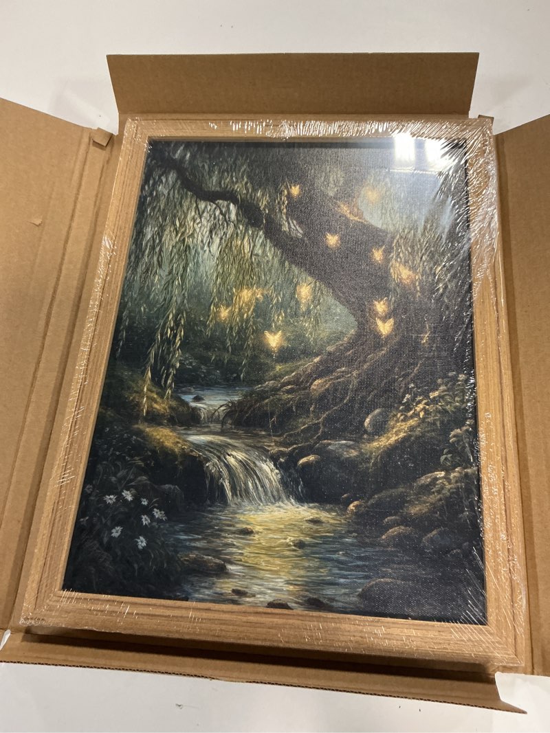 Condition photo showing New/Like New for vintage forest fairy wall art whimsical cottagecore tree fairy wall decor painting magical landscape 3d texture hand drawn sandstone artwork for bedroom living room 12x16 inch wood framed