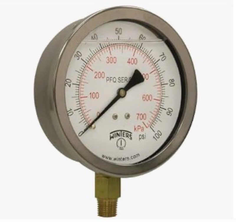 winters 4" dial size, liquid filled industrial pressure gauge, brass internals, 304 stainless steel case, dual scale 0-100 psi/kpa, 1.5% acc, 1/4" npt bottom mount, glycerin filled pressure gauge