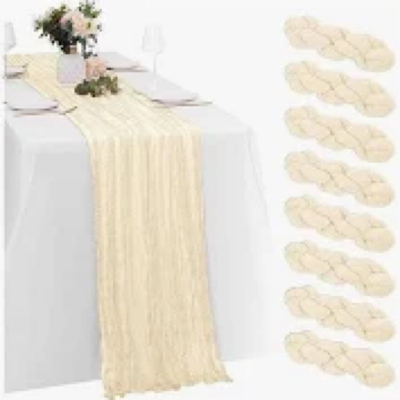 Fixwal 8 Pack Ivory Cheesecloth Table Runners, Beige Pleated Boho Gauze Table Runner, Long Semi-Tran
