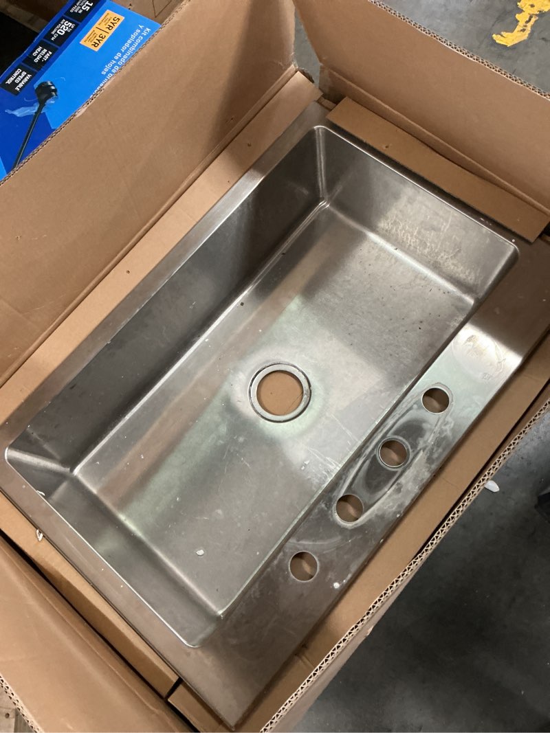 Condition photo showing As Is for allen + roth theo dual-mount 33-in x 22-in stainless steel single bowl 4-hole kitchen sink