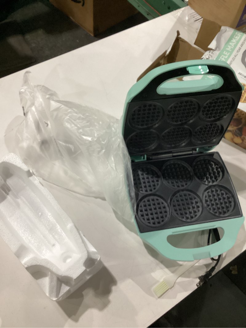 Condition photo showing Good Condition for baker's friend multi mini waffle maker machine, 6 x 3'' small waffle iron, perfect for families and individuals use, excellent choice for breakfast brunch parties & events, aqua