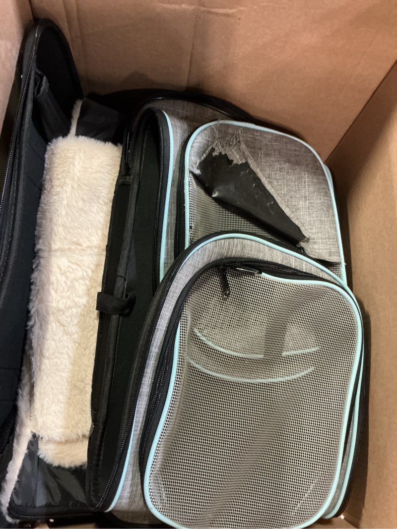 Condition photo showing As Is for siivton pet carrier airline approved, 4 sides expandable cat carrier bag with removable fleece pad, large soft sided pet travel carrier, dog carrier for cats, puppy and small dogs 20.0"l x 11.4"w x 12.4"h 4 extension gray_blue