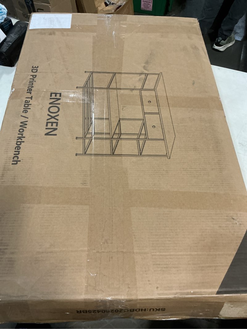 Condition photo showing As Is for 3d printer stand with storage,3-tier heavy duty 3 d printer table shelf with 2 fabric drawers, 3 d printing desk for tools and supplies (brown)