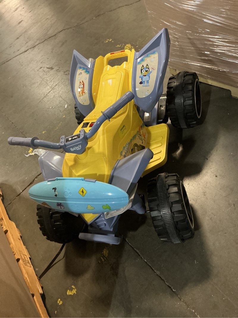 Condition photo showing As Is for bluey 12v atv ride-on with surfboard storage compartment