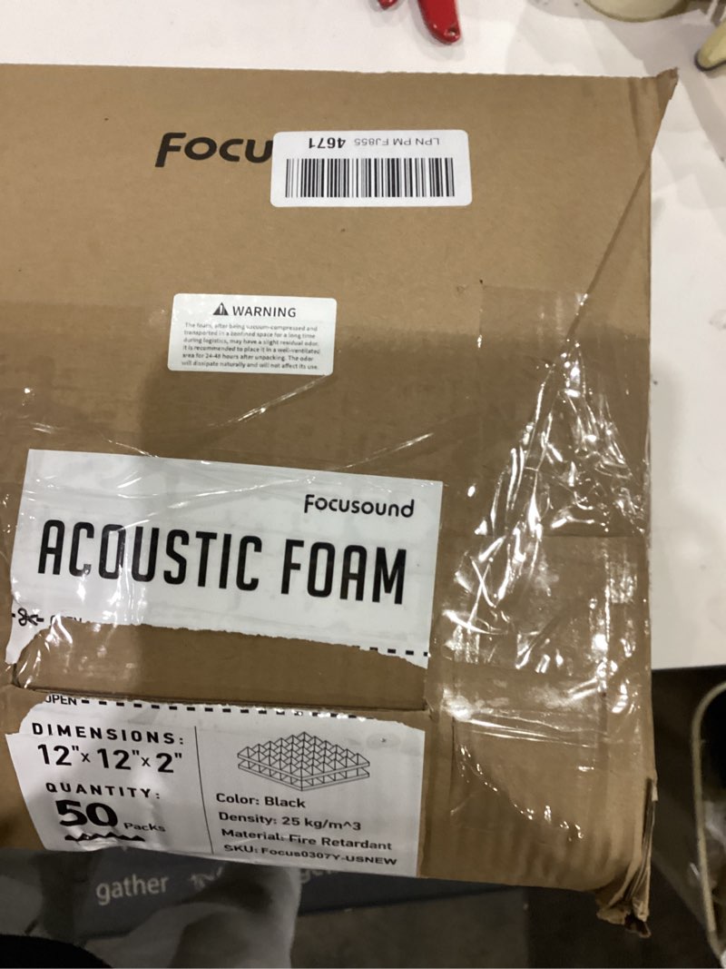 Condition photo showing New/Like New for Focusound Acoustic Panels 50 Pack 2"x12"x12" with 300 PCS Double-Side Adhesive - Sound Proof Pyramid Foam for Walls, Home Studio Noise Absorption & Echo Control Kit 50 Pack Black