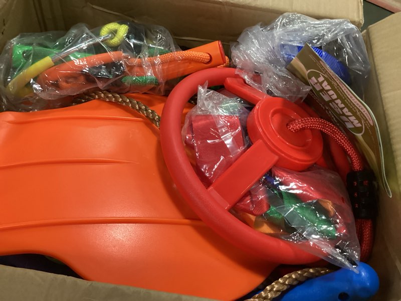 Condition photo showing New/Like New for Ninja Warrior Obstacle Course for Kids, 2 x 52ft Slackline with Rotating Swing, Climbing Ladder, Gymnastic Rings, Training Equipment Set for Backyard (2x52ft)