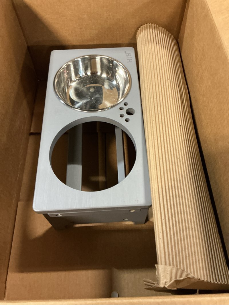Condition photo showing As Is for ((Incomplete))HTB Elevated Dog Bowls, Raised Dog’s Food Stand with 2 Stainless Steel Bowls, Elevated Raised Dog Dishes for Large Medium Small Sized Pet Sturdy Bamboo Food Feeder Natural medium-7\"tall,29 Oz bowl Grey