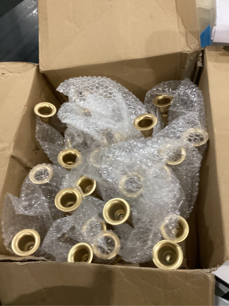 Condition photo showing Good Condition for COULD BE MISSING PIECES Romadedi Candelabra Gold Candle Holders - 5 Arm 11.8\\\" Wedding Candlestick Holder for Theme Party Table Centerpiece Decor Dining Room Birthday Holiday Christmas, Set of 6 6pcs Gold-5 Arm