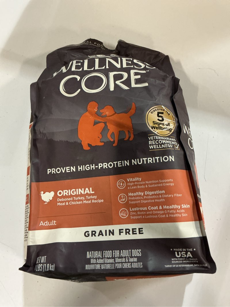 Condition photo showing New/Like New for ((BEST BY/02/12/2026))Wellness CORE Natural Grain Free Dry Dog Food  Original Turkey & Chicken  4-Pound Bag