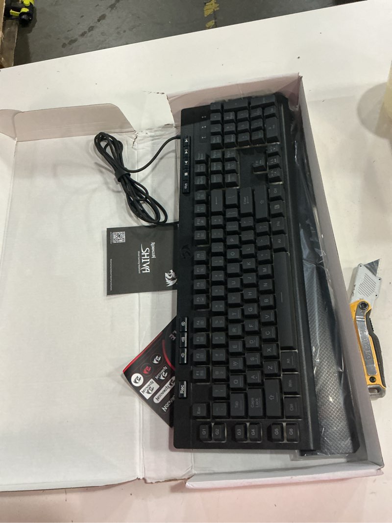 Condition photo showing New/Like New for redragon k512 shiva rgb backlit membrane gaming keyboard with multimedia keys, linear mechanical-feel switch, 6 extra on-board macro keys, dedicated media control, detachable wrist rest black 104 keys