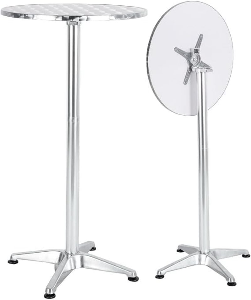 btexpert aluminum indoor outdoor 23.75" round restaurant bar height 45" table flip top, patio stainless steel silver furniture 25.75" base