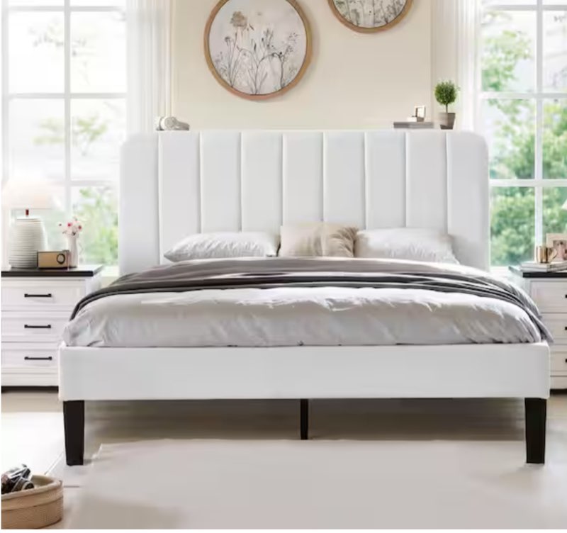 Upholstered Bed, White king  Bed Platform Bed Frame with Adjustable Headboard, Strong Wooden Slats Support Bed Frame