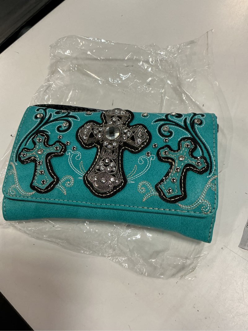 Condition photo showing Good Condition for western style rhinestone cross embroidery floral leather handbag women country purse wallet  turquoise