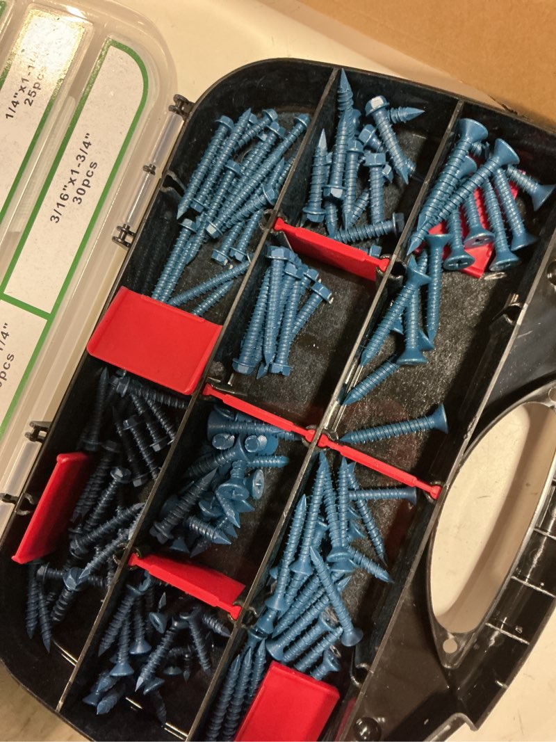 Condition photo showing As Is for foliv 260pcs concrete screws with drill bit, 1/4 3/16 concrete screws assortment kit, flat & hex head masonry block brick cement screws and anchors, diamond point, length from 1-1/4” to 2-1/4”