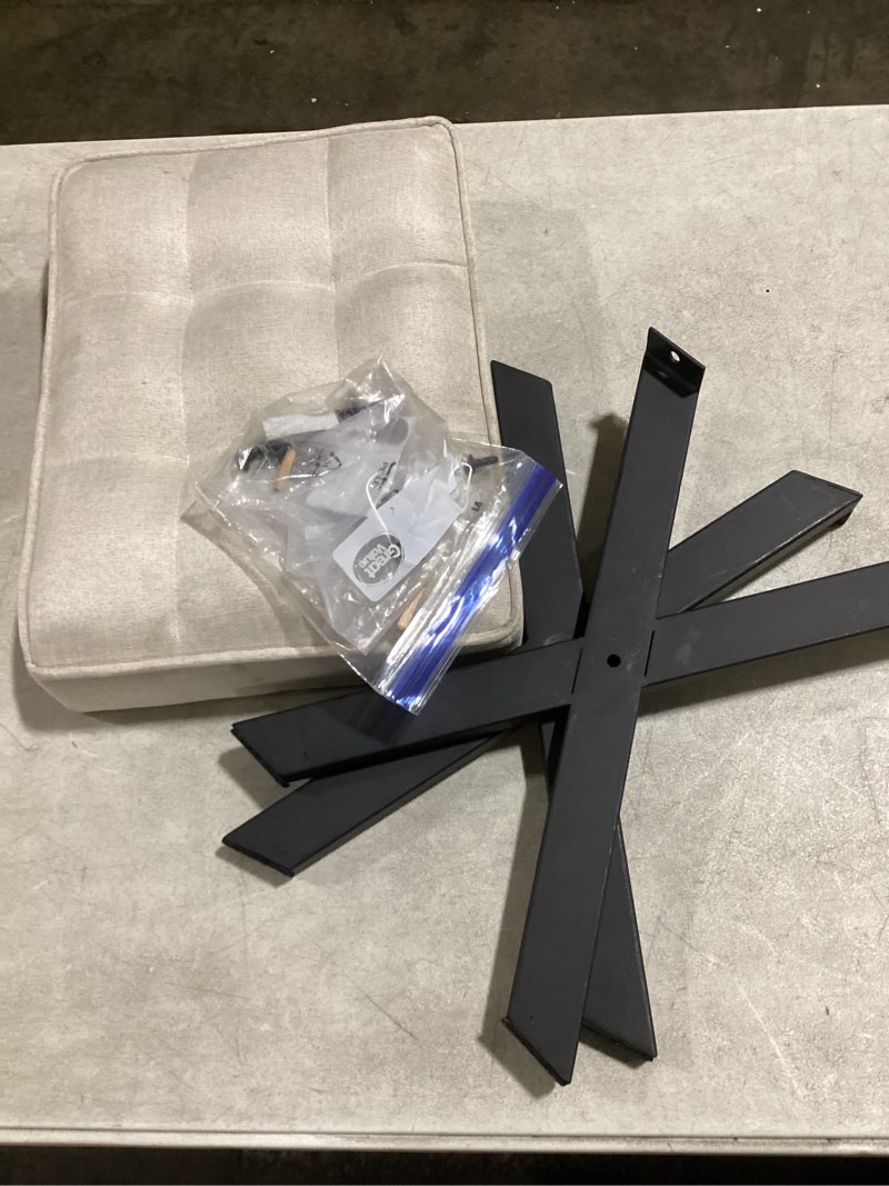 Condition photo showing As Is for lue bona ottoman foot stool vanity stool, square linen x-leg foot rest ottoman makeup stool, small stool chair for vanity, modern padded vanity seat for makeup room, living room, bathroom, linen color linen color-black legs linen