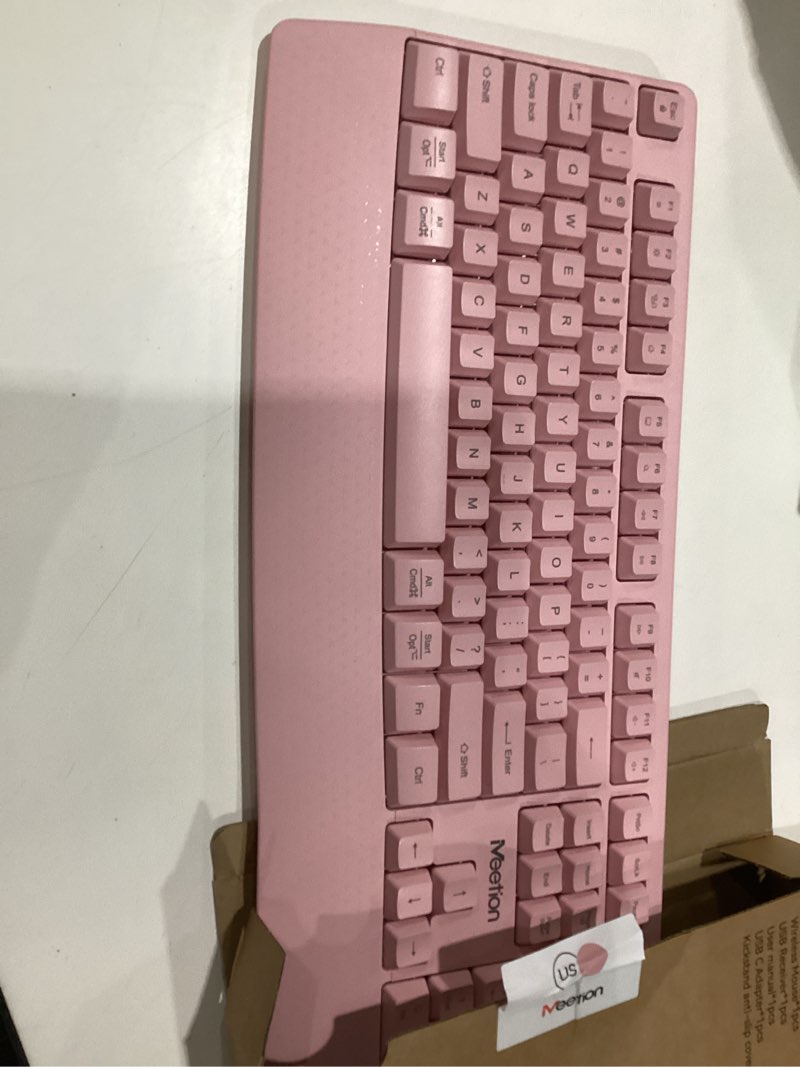 Condition photo showing Good Condition for meetion wireless keyboard and mouse, full-sized cordless keyboard with wrist rest, 3 dpi adjustable mouse, keyboard and mouse set with 2.4ghz usb receiver, for pc/computer/laptop/windows/mac, pink, not tested