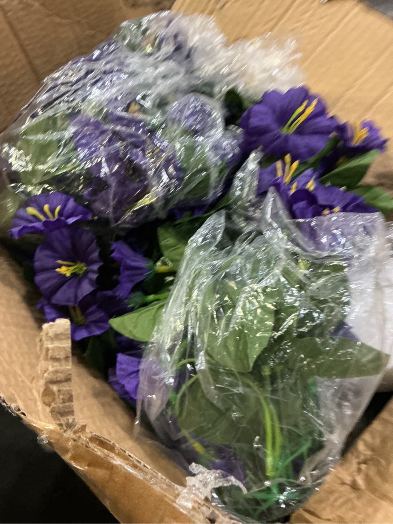 Condition photo showing New/Like New for hyeflora artificial faux hanging flowers plants basket for outdoor outside porch decoration, uv resistant fake silk purple morning glory trailing vines realistic for summer home balcony yard patio