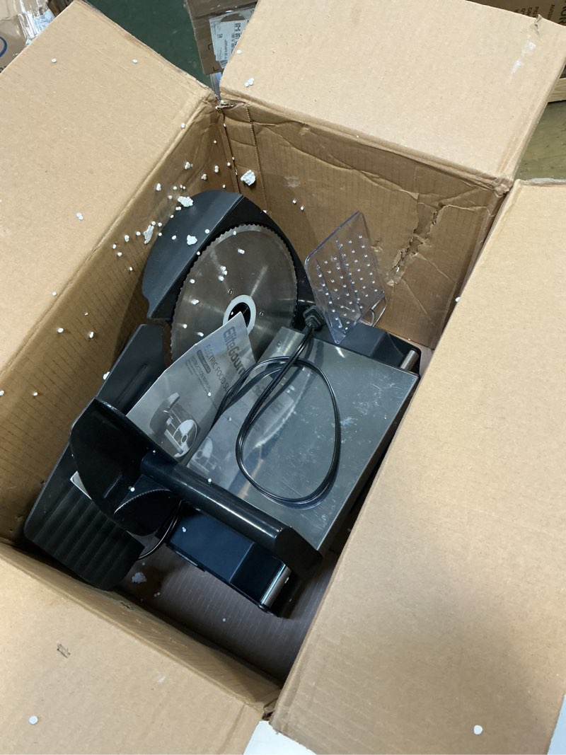 Condition photo showing New/Like New for Elite Gourmet EMT-625B Ultimate Precision Electric Deli Food Meat Slicer Removable Stainless Steel Blade, Adjustable Thickness, Ideal for Cold Cuts, Hard Cheese, Vegetables & Bread, 7.5”, Black Stainless Steel & Black