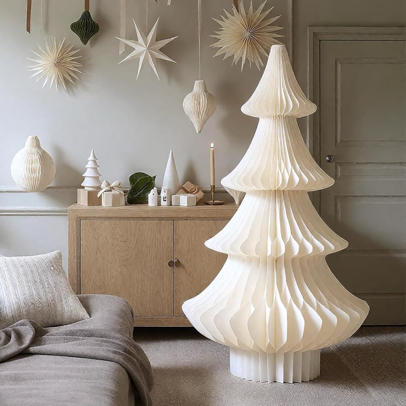 Spiareal Large Beige White Honeycomb Paper Tree 48 Inch Tall Folding Xmas Tree Decorations 4 ft Fold