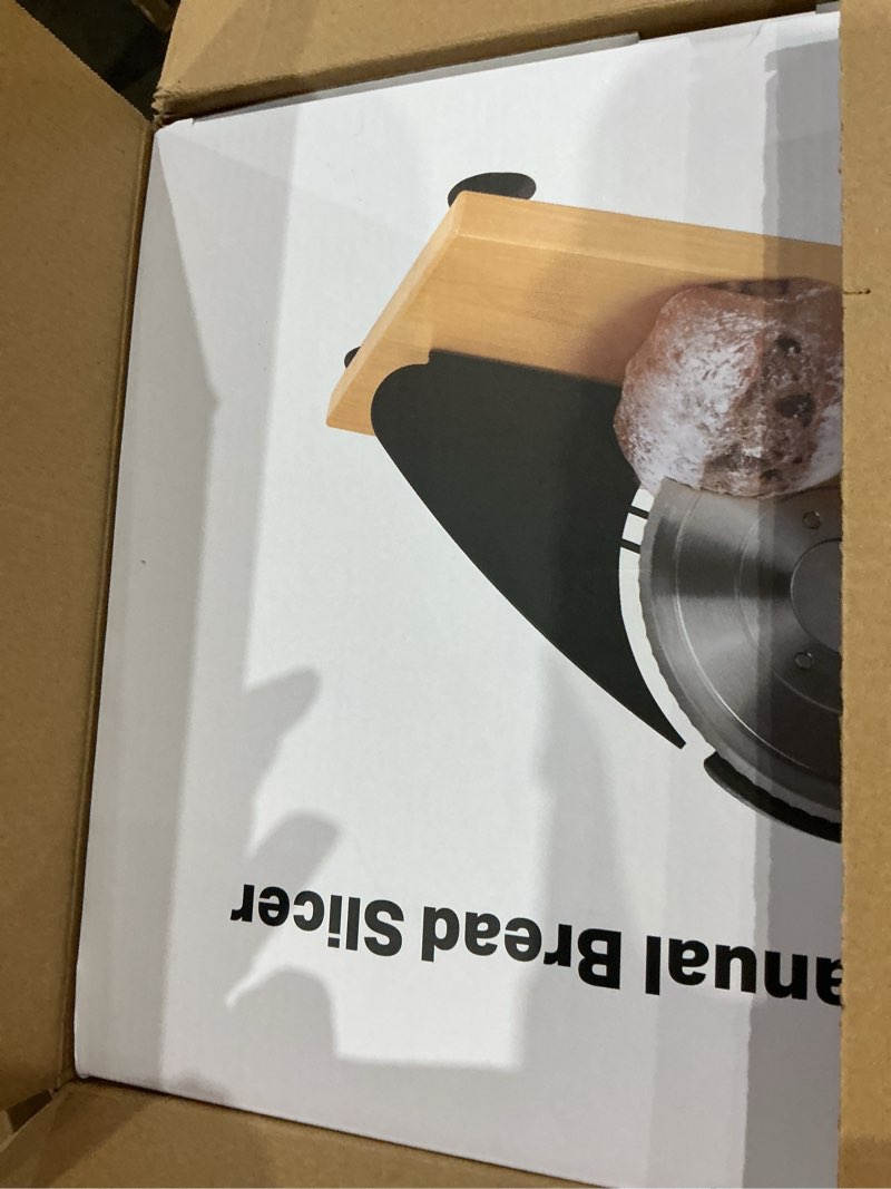 Condition photo showing New/Like New for upgrade manual bread slicer for homemade sourdough bread, classic hand crank home bread slicer with scale line and steel fence, sharp blade, adjustable width for homemade & commercial use large white