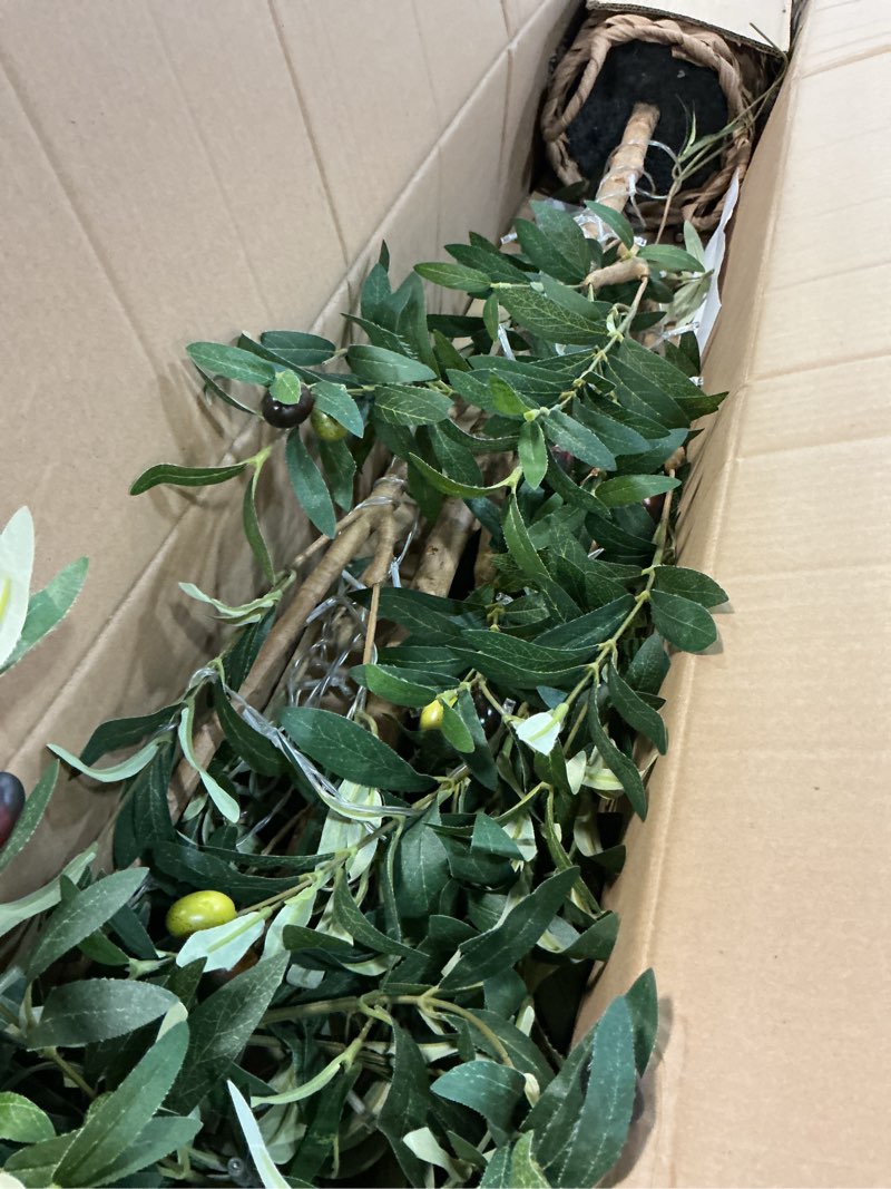 Condition photo showing Good Condition for 7ft artificial olive tree with led fairy lights & woven planter - lifelike faux silk plant with realistic leaves & fruits and natural trunk for indoor home office living room bedroom foyer decor 6ft 11in