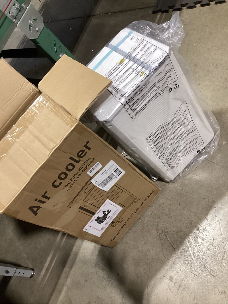 Condition photo showing New/Like New for portable evaporative air cooler, quiet windowless swamp cooler with 4 ice packs, 2 gallon water tank, remote control, 4 modes & 3 speeds, oscillating cooling fan for bedroom, living room and office white 22'*12'*11'