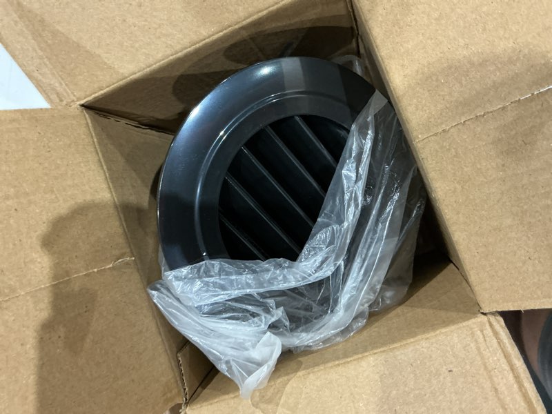Condition photo showing Good Condition for soffit vents 4 inch, hon&guan soffit exhaust vent exterior round vent cover with built-in a fly screen for bathroom office home, black, 2pcs