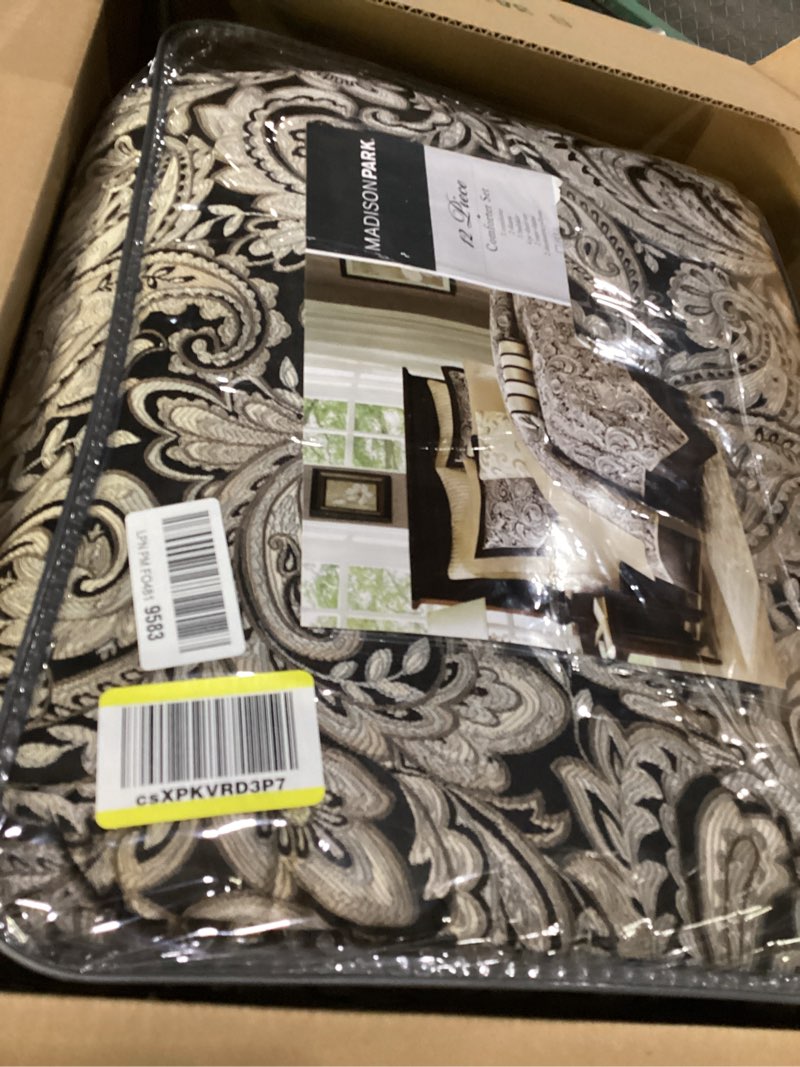 Condition photo showing New/Like New for Madison Park Aubrey Cozy Comforter Set, Faux Silk Jacquard Paisley Design - All Season Down Alternative Bedding with Cotton Bed Sheets, Bed Skirt & Toss Pillows, California King Black 12 Piece Black Biab 12pcs California King Comforter Set