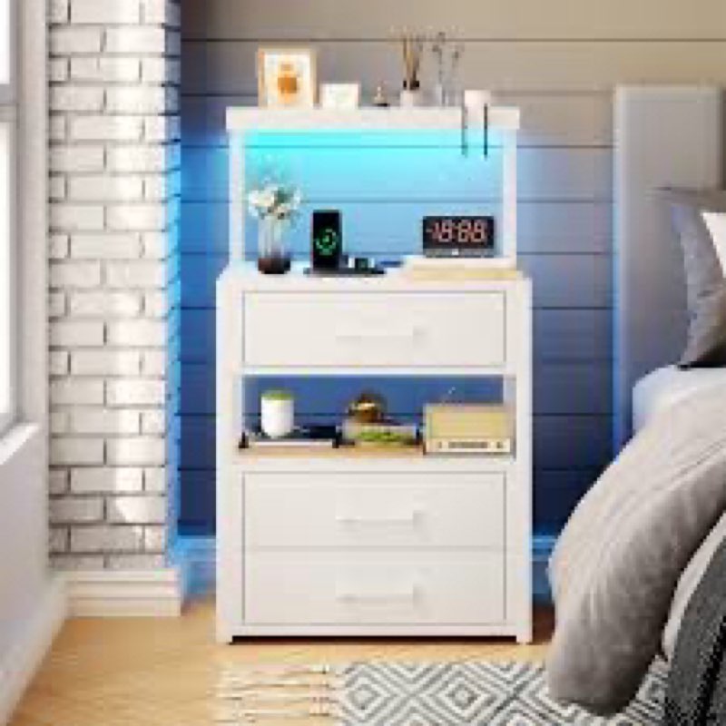 Nightstand with Charging Station and LED Lights, Night Stands with Adjustable Storage Cabinet, Moder