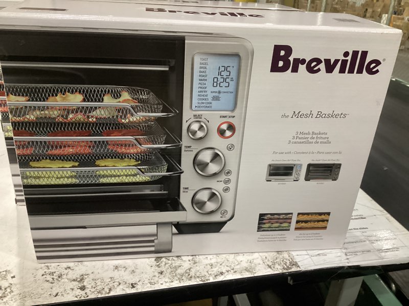 Condition photo showing New/Like New for breville air fry/dehydrate mesh baskets | cook multiple batches with this set of 3 stainless steel baskets | for smart oven air fryer pro bov900 and bov950