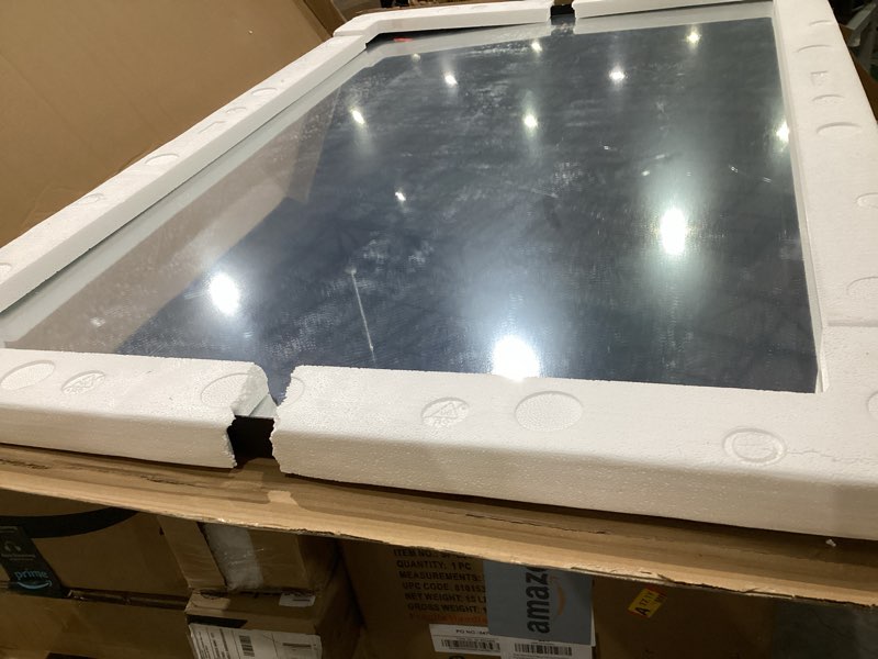 Condition photo showing As Is for loaao 48x32 inch black metal framed bathroom mirror for wall, matte black bathroom vanity mirror farmhouse, large rounded rectangle mirror, anti-rust, tempered glass, hangs horizontally or vertically black 48"l x 32"w