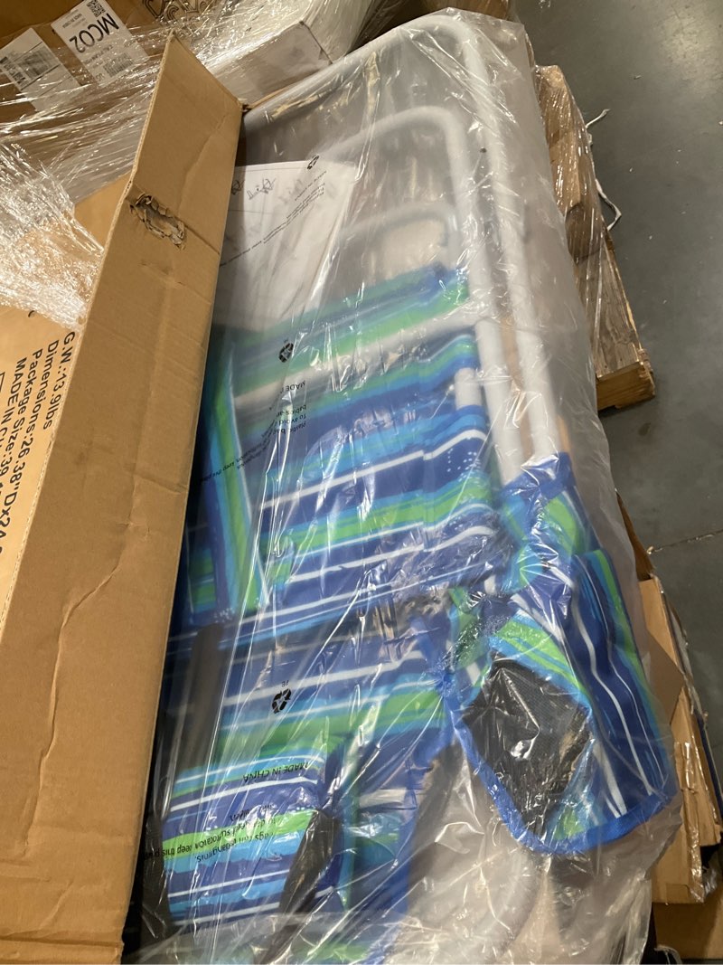 Condition photo showing Good Condition for tall beach chairs for adults, 17" high backpack beach chair with wooden armrests, 5 positions reclining heavy duty chair with large cooler pouch, support to 350lbs striped blue&green,1pack striped blue&green 1