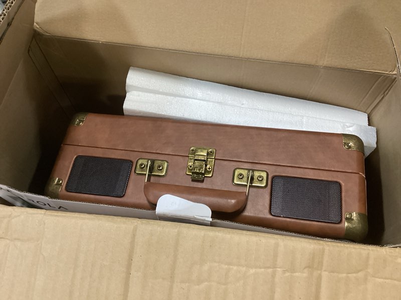 Condition photo showing New/Like New for Victrola Journey Bluetooth Portable Suitcase Record Player – with Built-in Speakers, 3 Speed Vinyl Record Player, RCA Out, Headphone Jack (Brown)