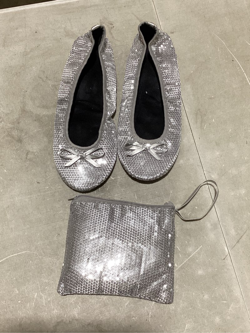 Condition photo showing As Is for (unknown exact shoe size) silky toes foldable sequin shoes for women | comfortable dressy flats for weddings, parties & events | ballet purse slippers small gold