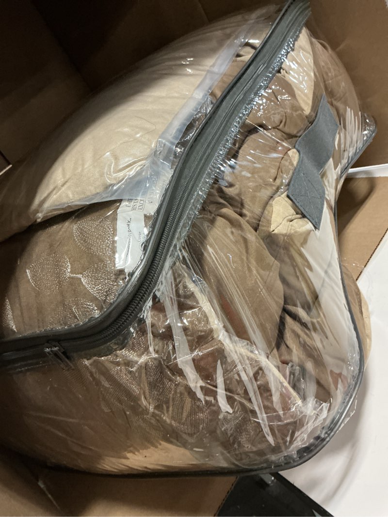Condition photo showing Good Condition for Madison Park Palmer Comforter Set-Luxury Faux Suede Design, Striped Accent, All Season Down Alternative Bedding, Matching Shams, Decorative Pillow, Bed Skirt, Queen (90 in x 90 in), Natural 7 Piece Natural Queen (90 in x 90 in)